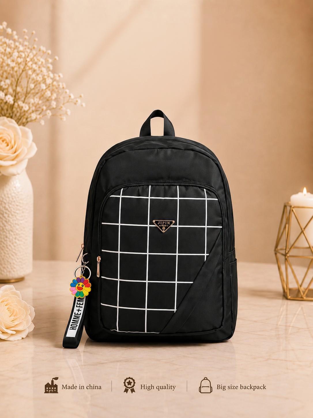 Urban Check Large Capacity Backpack for Women – Black