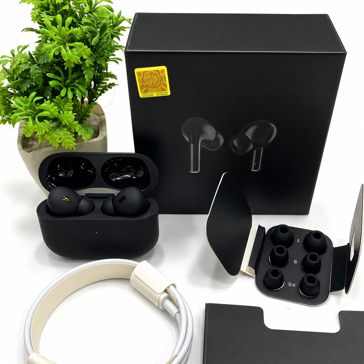 Original Black Pro 2 Box Pack Wireless Earbuds with All Accessories ā Black