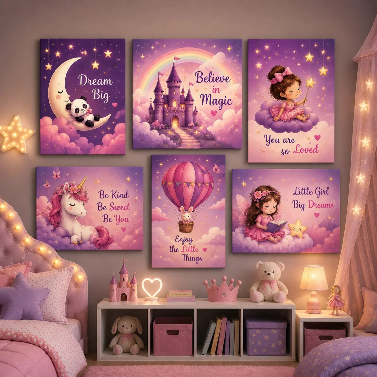 6 Pcs Fairy Tale Kids Wall Art Tiles β Unicorns, Castles & Stars (8x11 Inches)