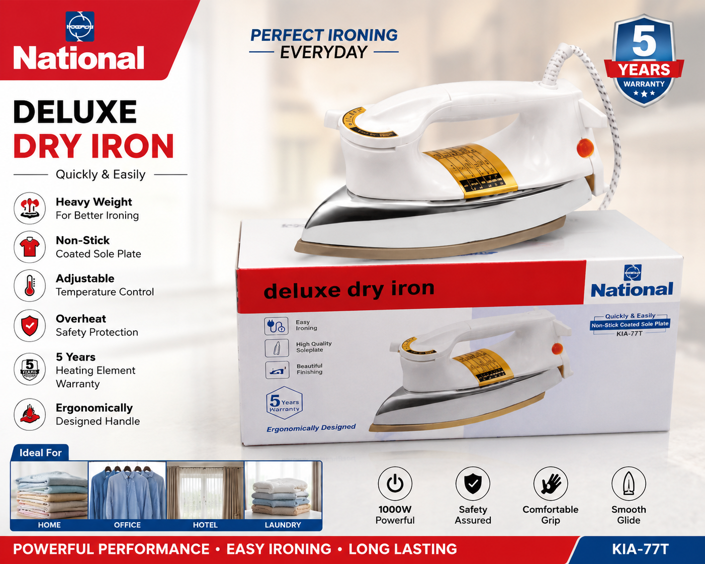National Deluxe Heavy Weight Dry Iron (KIA-77T) ā 1000W Non-Stick Soleplate