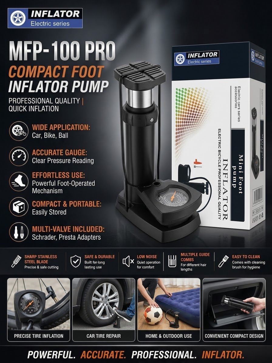 MFP-100 PRO Compact Foot Inflator Pump With Pressure Gauge And Multi-Valve Adapters For Cars, Bikes, Balls And Inflatables (Random Color)