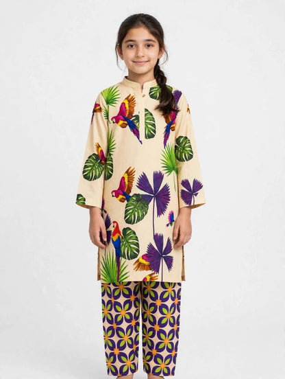 Girls Beige Printed Stitched Co Ord Set With Long Sleeve Shirt And Matching Trouser - Size 11-12