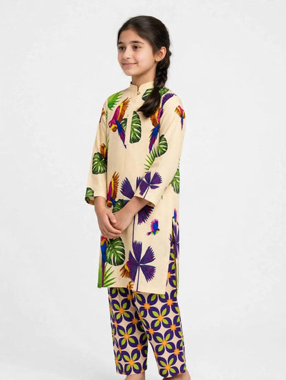 Girls Beige Printed Stitched Co Ord Set With Long Sleeve Shirt And Matching Trouser - Size 11-12