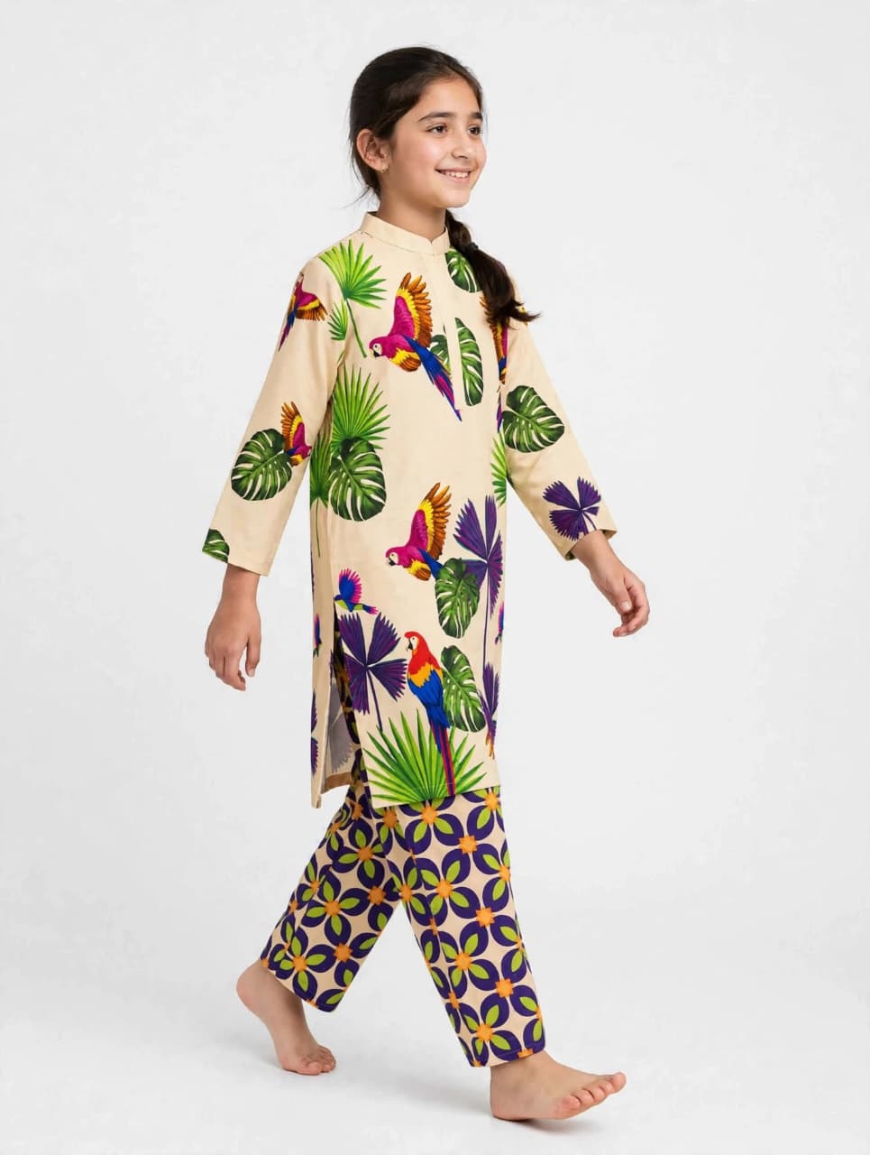 Girls Beige Printed Stitched Co Ord Set With Long Sleeve Shirt And Matching Trouser - Size 11-12