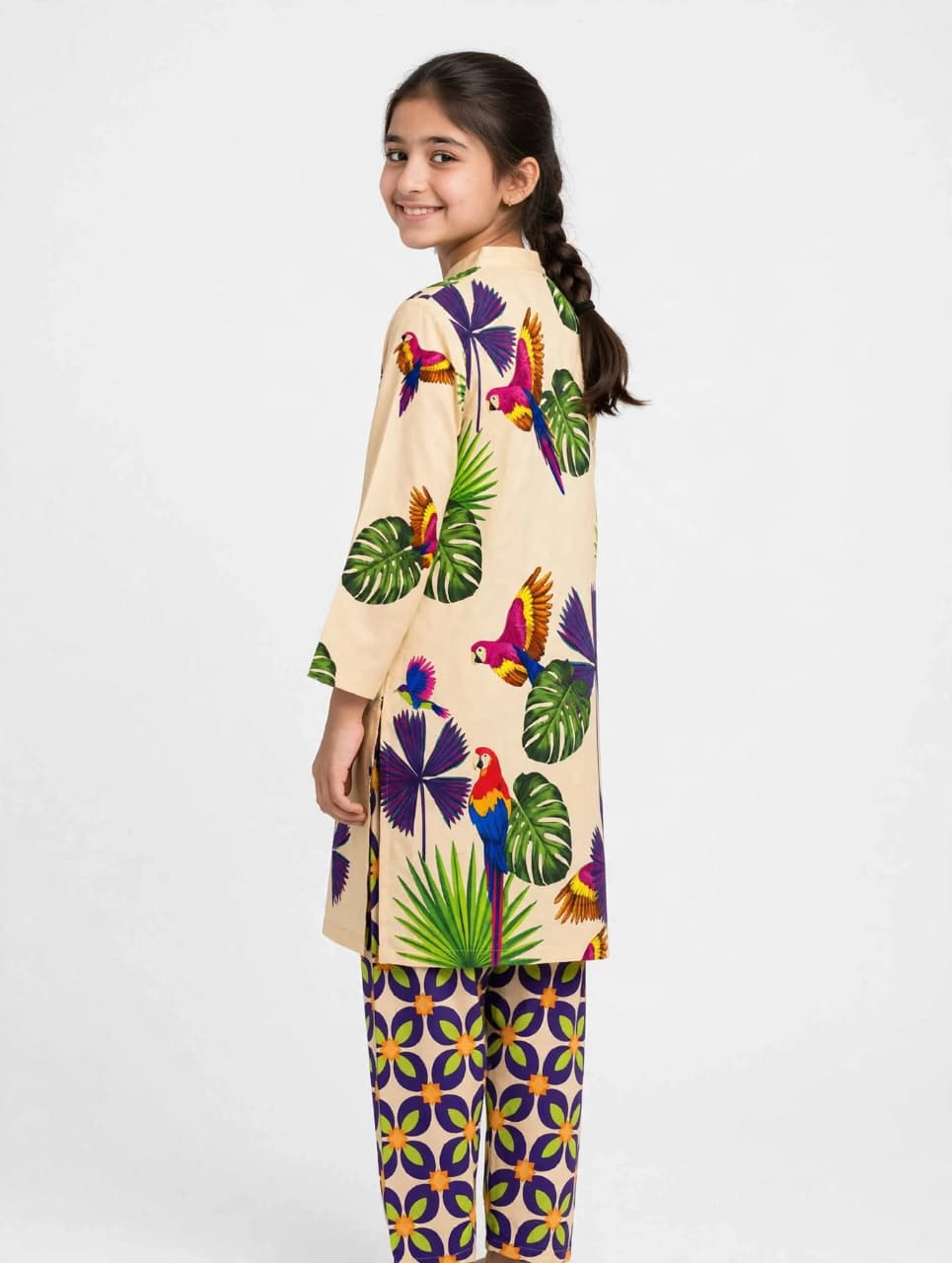 Girls Beige Printed Stitched Co Ord Set With Long Sleeve Shirt And Matching Trouser - Size 11-12