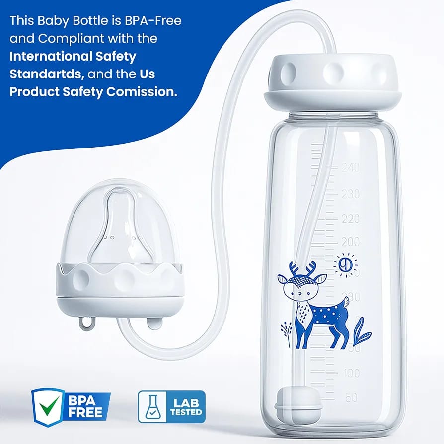 Hands-Free Baby Feeding Bottle with Pacifier & Cleaning Brush 300ml – BPA Free Food Grade