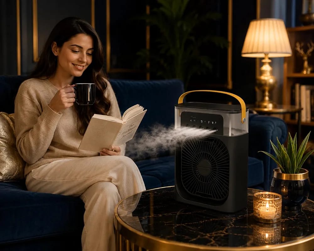 18-Inch Portable Mini Air Cooler Fan with Water Spray, USB Powered, 3-Speed Cooling & LED Light