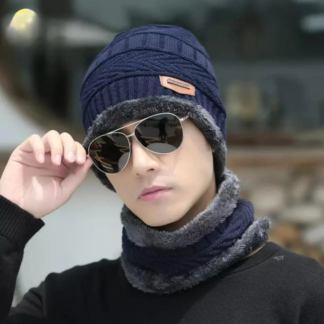 Wool Cap With Neck Warmer | Beanie And Scarf Set With Fleece Mask - Black