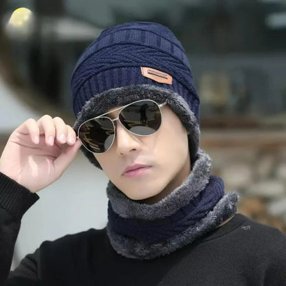 Wool Cap With Neck Warmer | Beanie And Scarf Set With Fleece Mask - Black