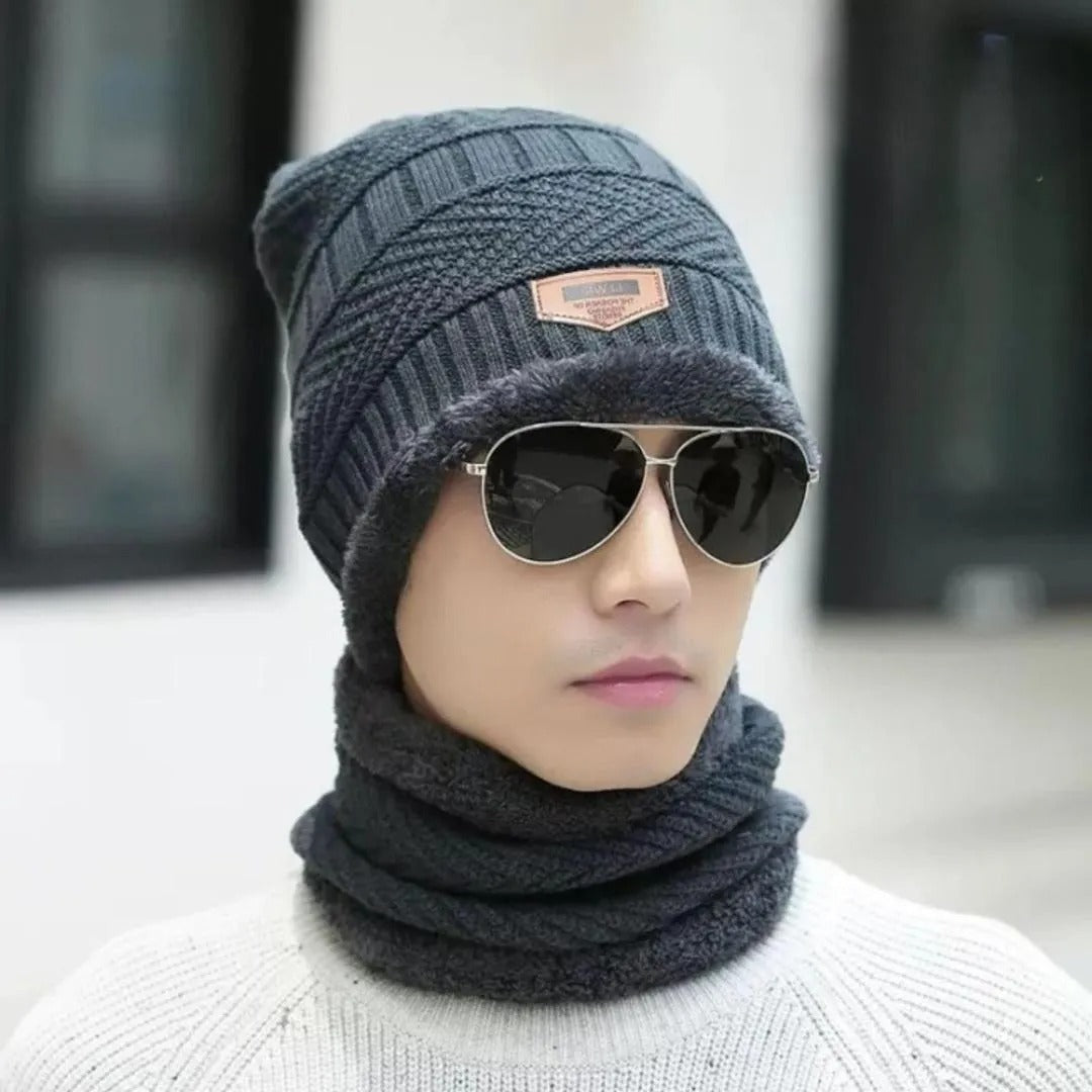 Wool Cap With Neck Warmer | Beanie And Scarf Set With Fleece Mask - Black