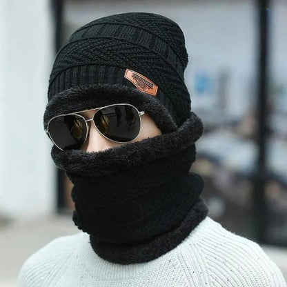 Wool Cap With Neck Warmer | Beanie And Scarf Set With Fleece Mask - Black