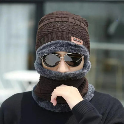 Wool Cap With Neck Warmer | Beanie And Scarf Set With Fleece Mask - Black