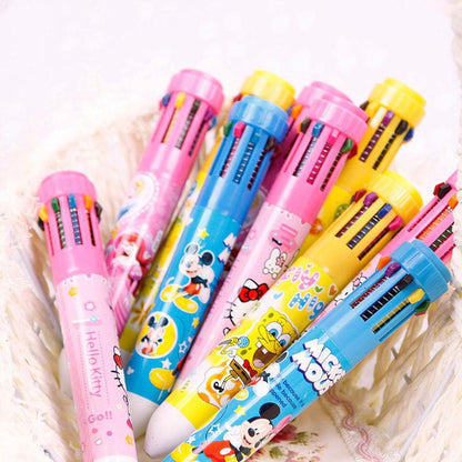 Multicolor 10 In 1 Cartoon Character Ballpoint Pen Random Colour Beautiful Attracted Colors Gift Item For Kids Great Writing Experience Office Use