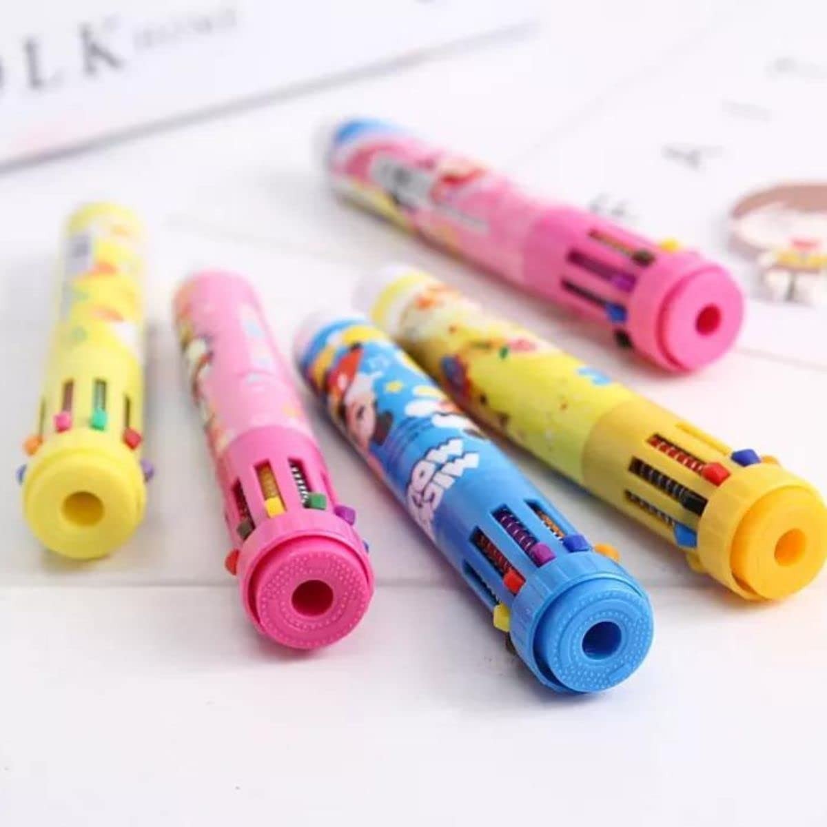 Multicolor 10 In 1 Cartoon Character Ballpoint Pen Random Colour Beautiful Attracted Colors Gift Item For Kids Great Writing Experience Office Use