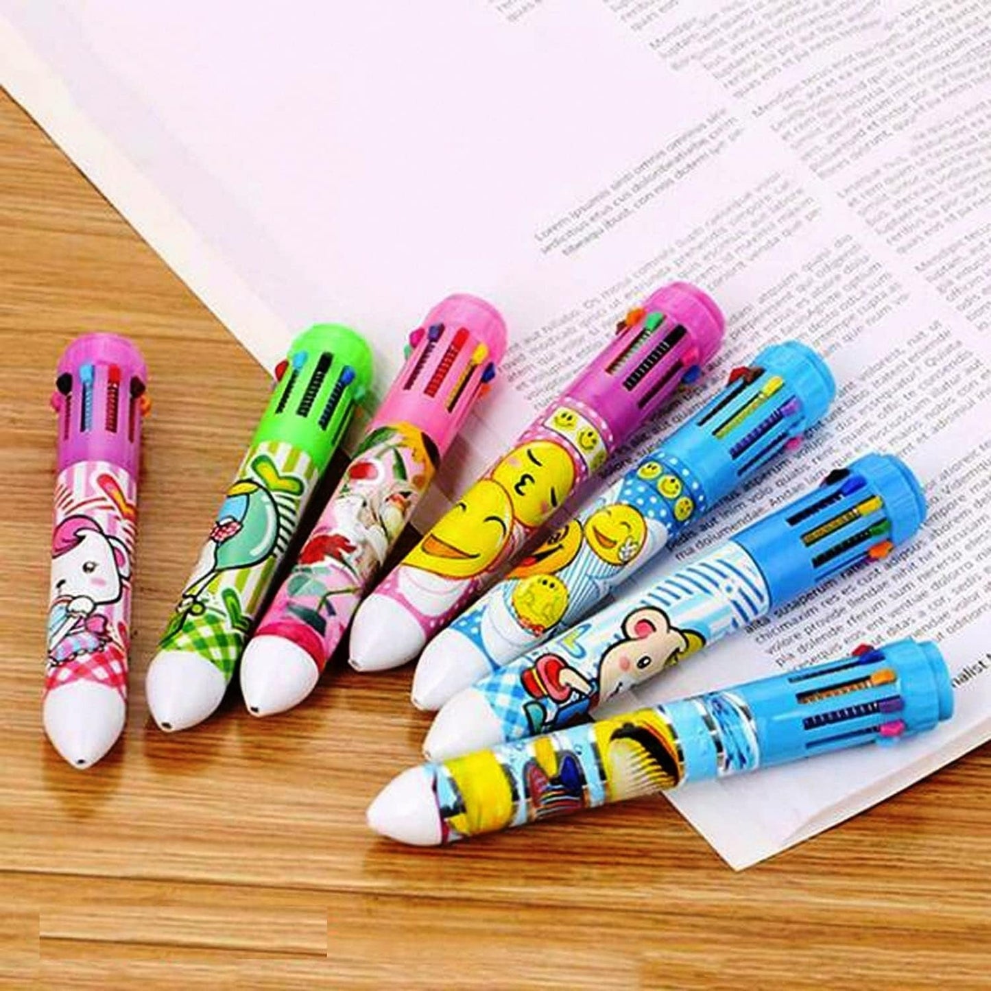Multicolor 10 In 1 Cartoon Character Ballpoint Pen Random Colour Beautiful Attracted Colors Gift Item For Kids Great Writing Experience Office Use