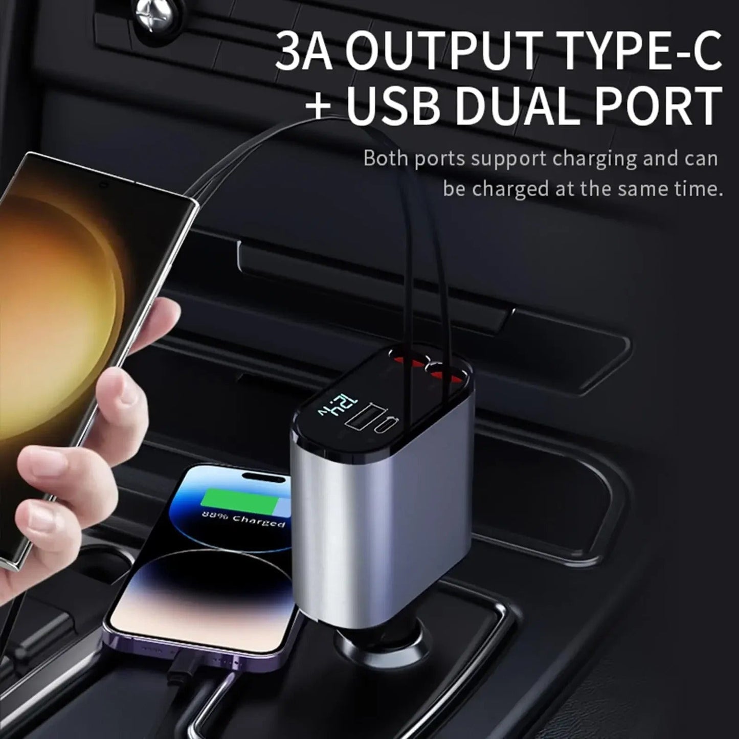 4 In 1 Car Charger 120W Retractable Design Without Light Durable Reliable Fast Charging Compact Practical Choice For Smartphones And Gadgets