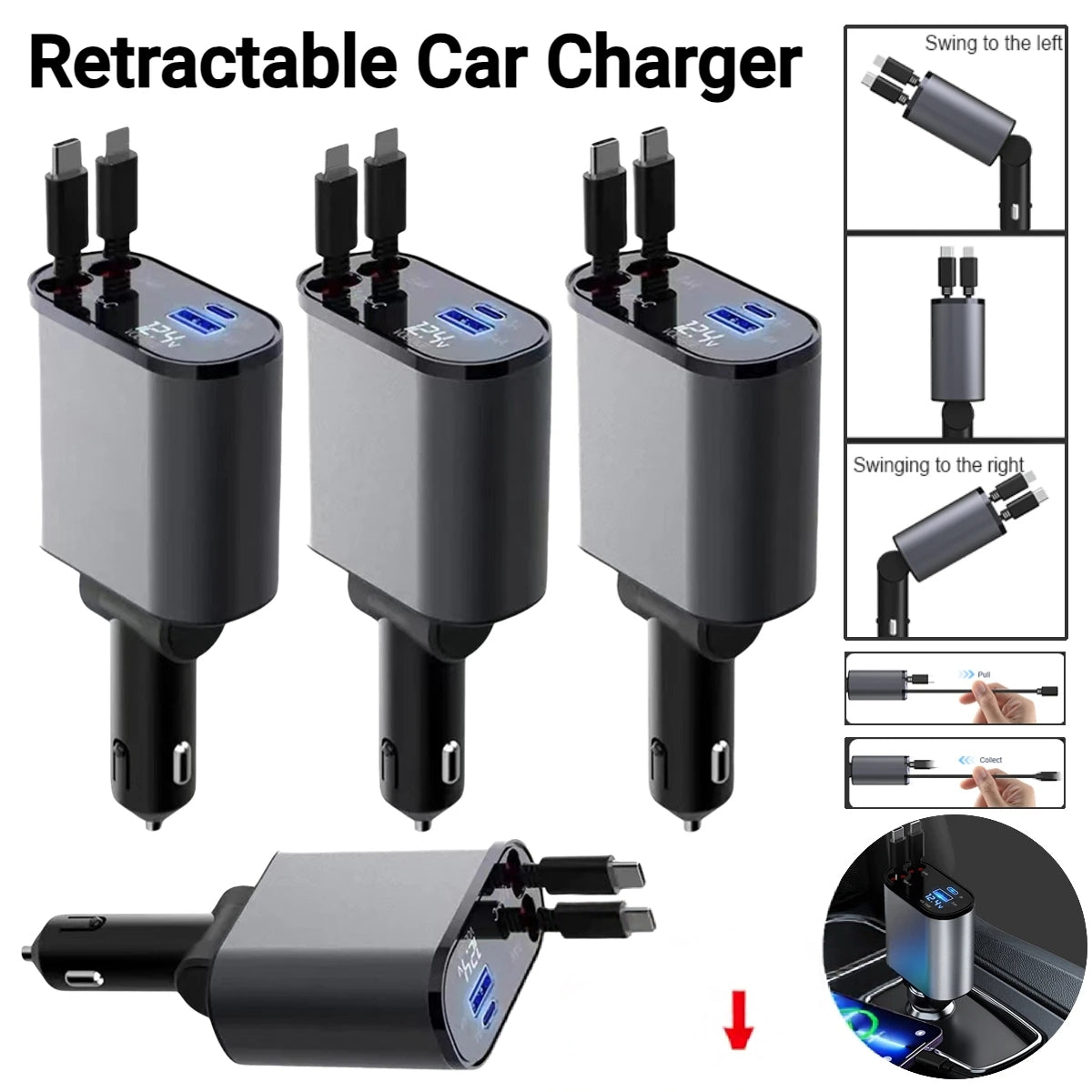 4 In 1 Car Charger 120W Retractable Design Without Light Durable Reliable Fast Charging Compact Practical Choice For Smartphones And Gadgets