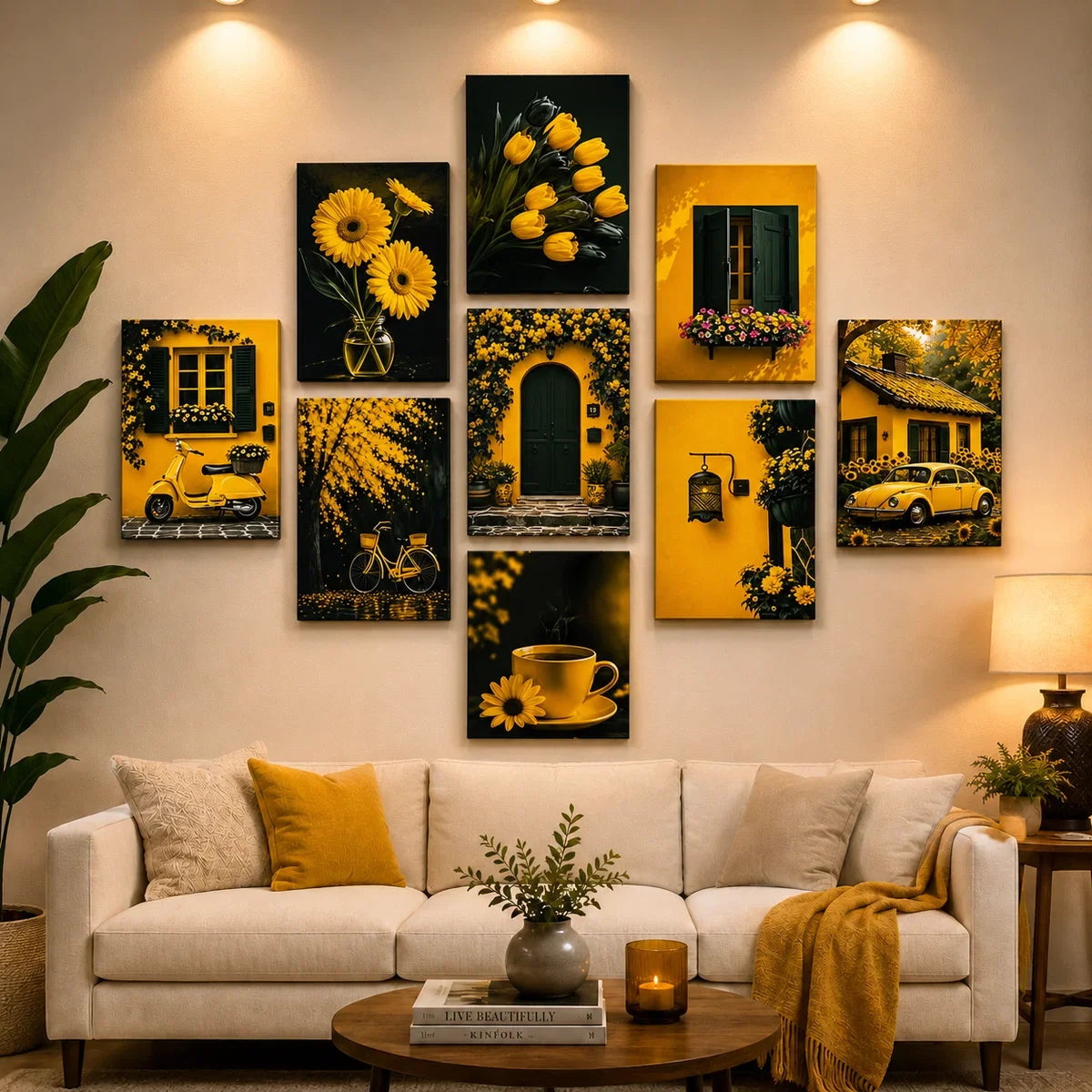 Set of 9 Pcs Yellow Theme Sticky Wall Art Tiles - 8x11 inches