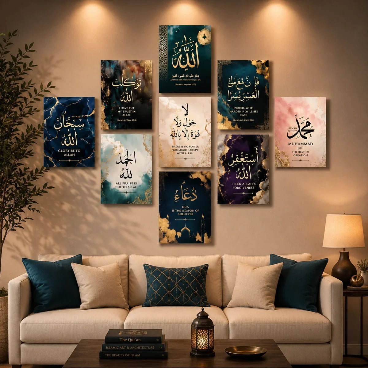 9 Pcs Islamic Calligraphy Wall Art Tiles – Elegant Sticky Prints for Home & Office 5X7