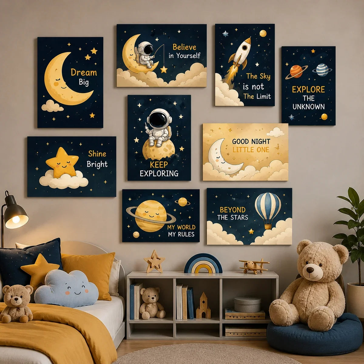 9 Pcs Space Theme Kids Wall Art Tiles – Astronauts, Planets & Stars 5x7 Inches