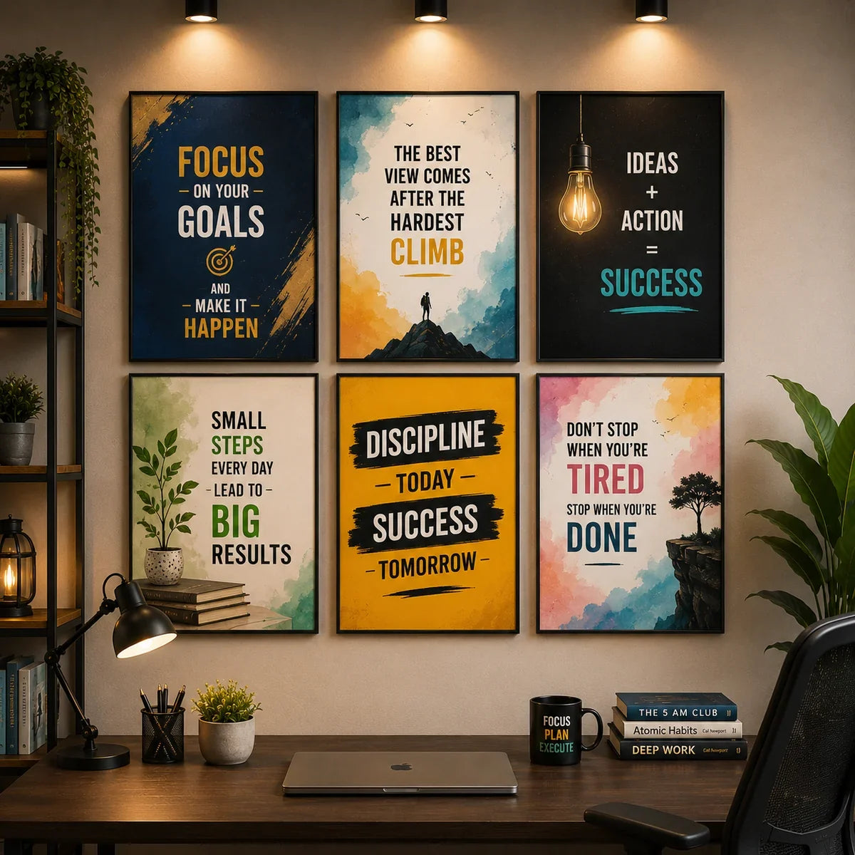 Set of 6 Inspirational Quote Sticky Wall Tiles – Office Motivation Décor (8x11)