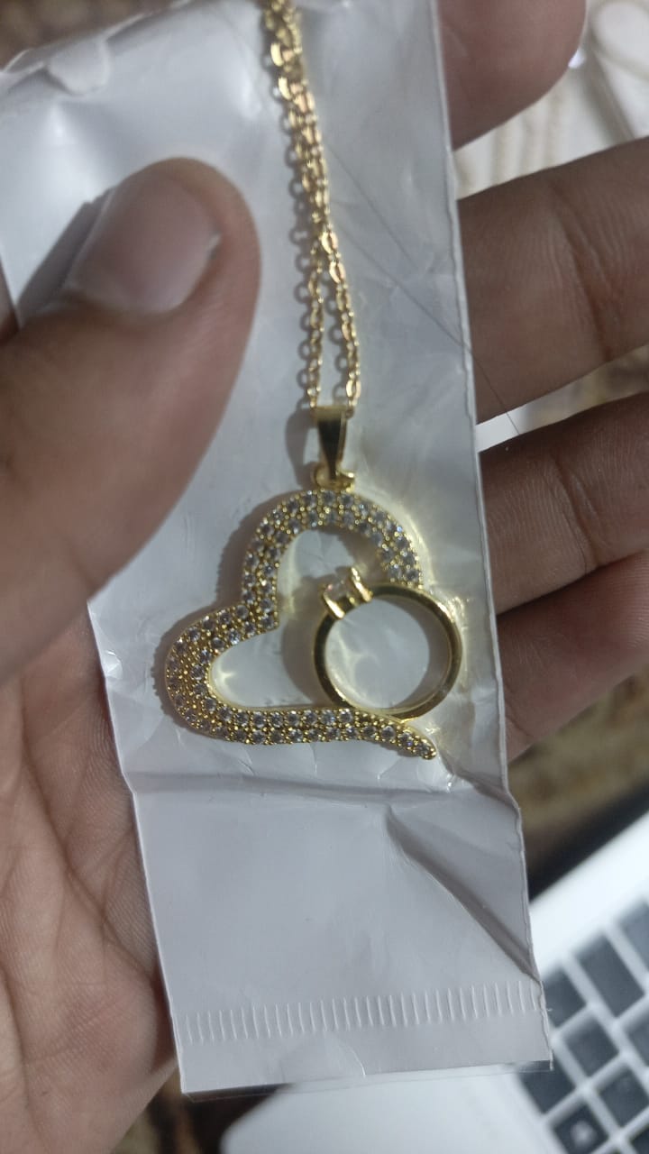 Korean Heart Locket With Ring – Elegant Golden Pendant Necklace - Sku PVT-198