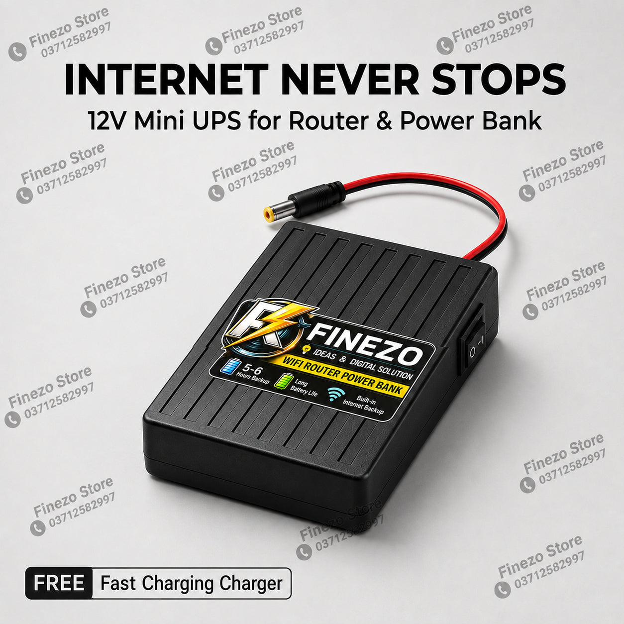 Finezo WiFi Router Power Bank 12000mAh – Mini UPS with 5-6 Hours Backup - 12V