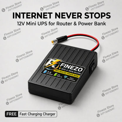 Finezo WiFi Router Power Bank 12000mAh – Mini UPS with 5-6 Hours Backup - 12V