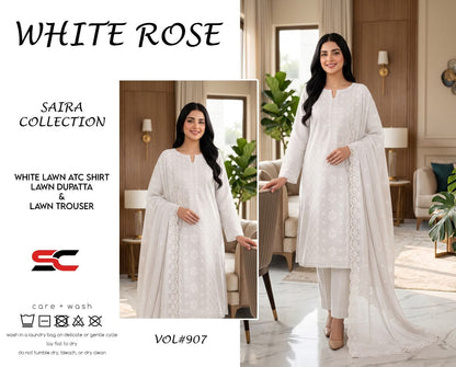 3 Pc Saira Collection White Rose Lawn Suit Vol 907 Premium Quality Fabric Elegant Design Comfortable Stylish Practical Choice For Casual And Semi Formal Wear