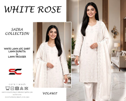 3 Pc Saira Collection White Rose Lawn Suit Vol 907 Premium Quality Fabric Elegant Design Comfortable Stylish Practical Choice For Casual And Semi Formal Wear