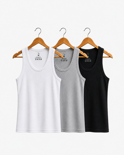 Pack of 3 Cotton Ribbed Vests Set (White, Grey, Black) – BRTWBG20001 - Large Set