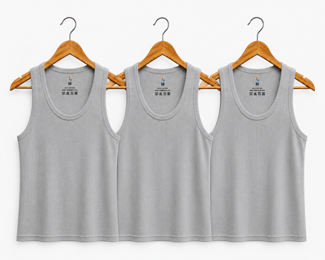 Pack of 3 Cotton Ribbed Vests Set (White, Grey, Black) – BRTWBG20001 - Large Set