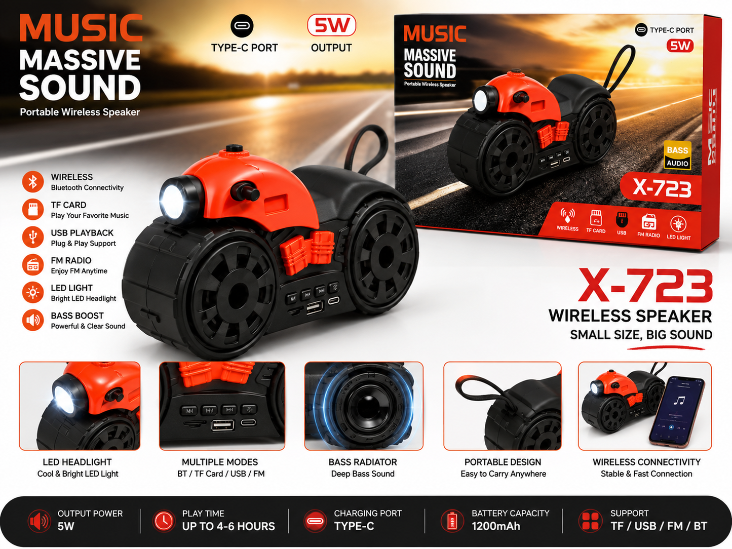 X-723 Motorcycle Design Portable Wireless Speaker with LED Headlight