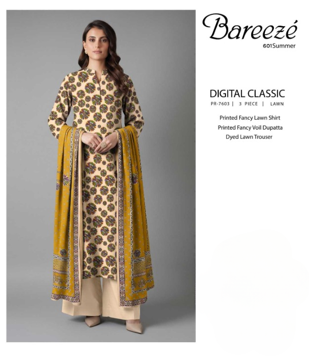 Bareeze Digital Classic 3 Piece Printed Lawn Suit – Shirt, Voil Dupatta & Trouser