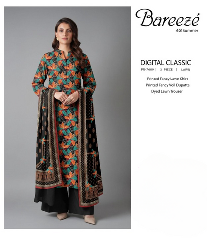 Bareezé Digital Classic 3-Piece Lawn Unstitched Suit (PR-7609)
