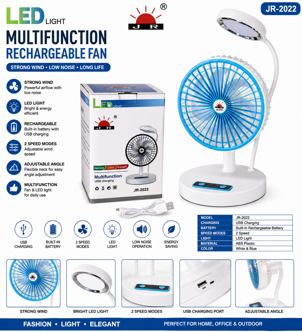 JR-2022 Multifunction Rechargeable LED Desk Fan