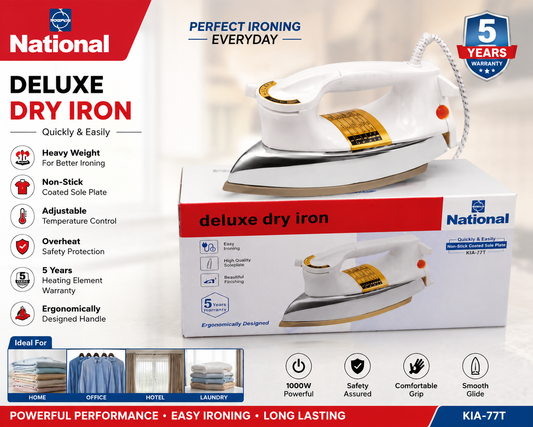 National Deluxe Heavy Weight Dry Iron (KIA-77T) – 1000W Non-Stick Soleplate