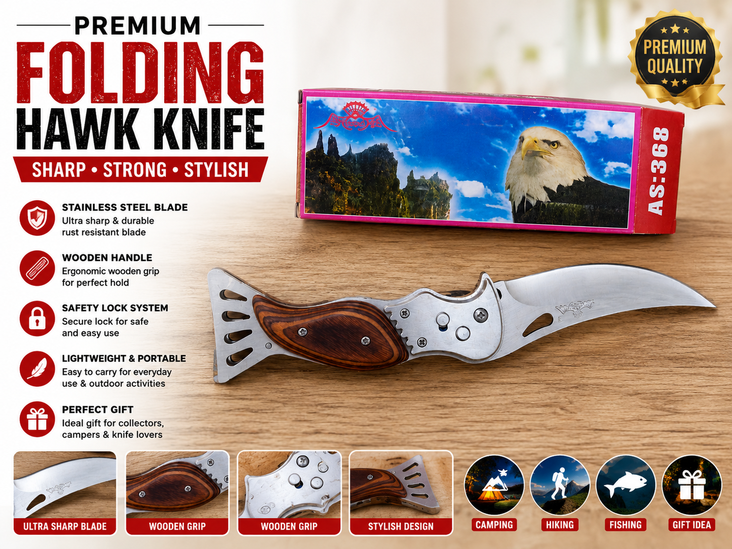 Premium Folding Hawk Knife - AS-368 Featuring A high-quality stainless steel blade and an ergonomic wooden handle
