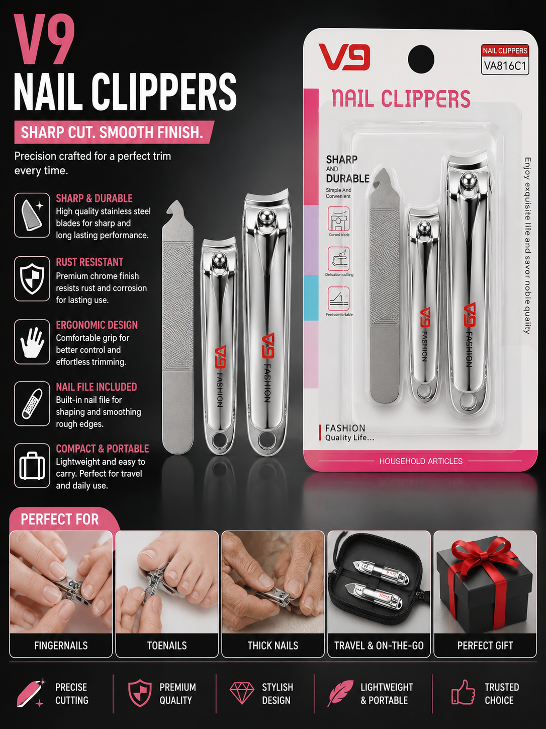 V9 Nail Clippers Set – Professional Stainless Steel Nail Cutter & File Grooming Kit