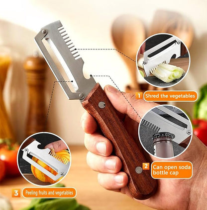 3in1 Peeler Knife Stainless Steel | Multifunctional Fruit & Vegetable Peeler With Wooden Handle | Kitchen Vegetable Cutter Slicer Tool & Bottle Opener