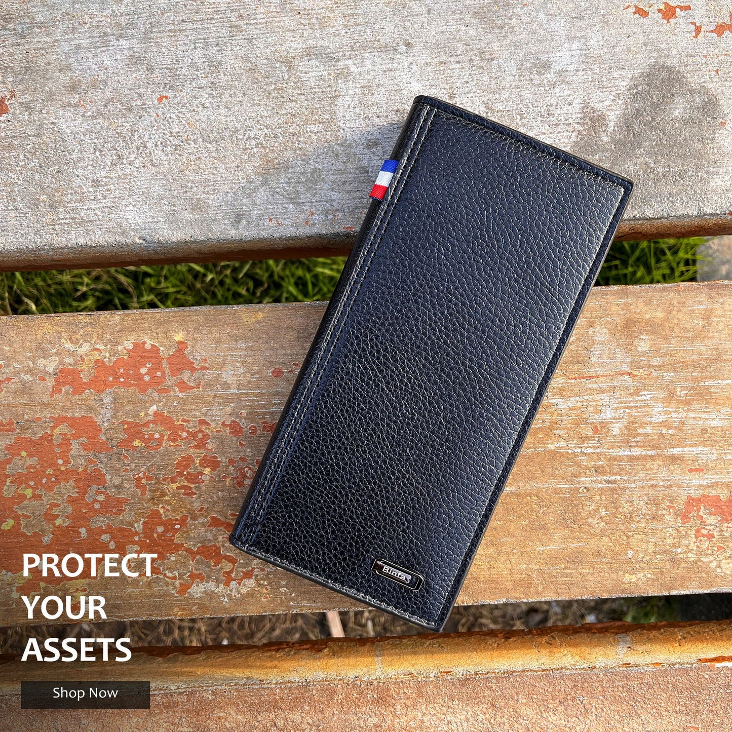 Men's Imported Long Textured Leather Wallet Clutch with Tricolor Accent - Black