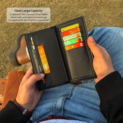 Men's Imported Long Textured Leather Wallet Clutch with Tricolor Accent - Black