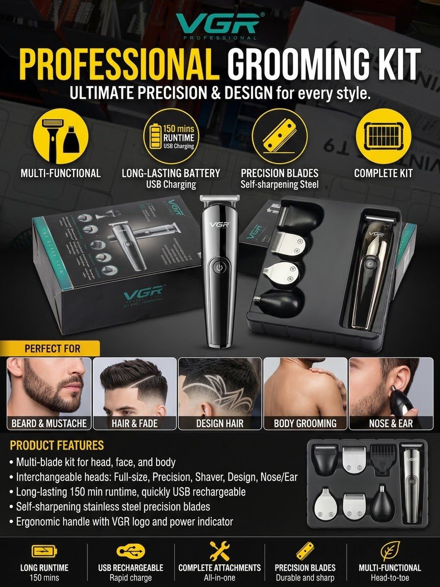VGR V-107 11-In-1 Professional Grooming Kit With Multiple Attachments For Complete Personal Care