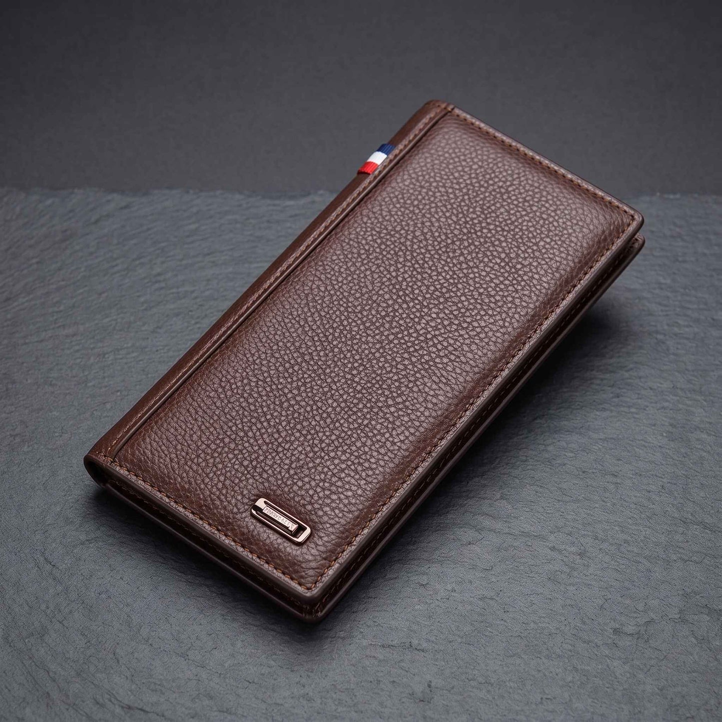 Men's Imported Long Textured Leather Wallet Clutch with Tricolor Accent - Black
