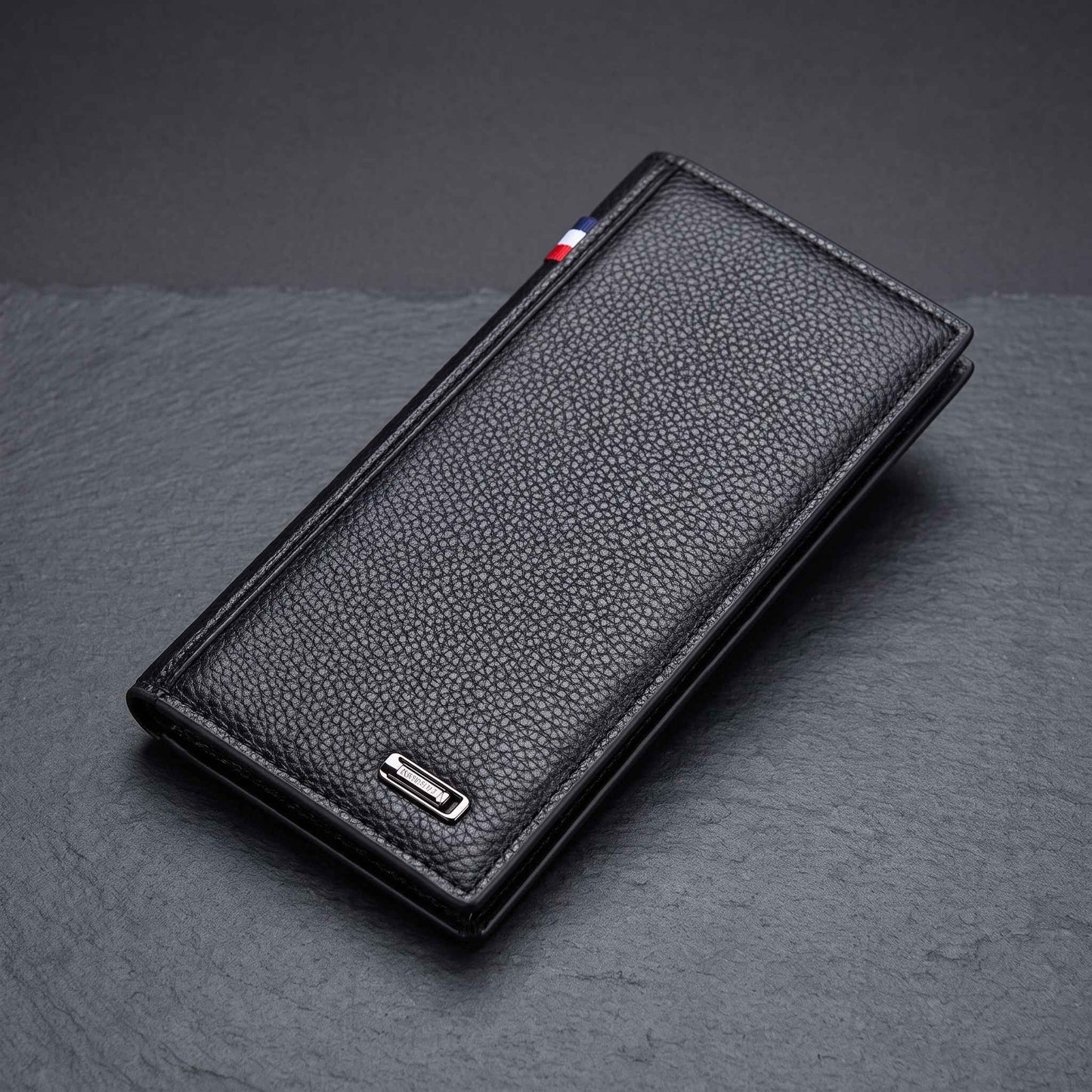 Men's Imported Long Textured Leather Wallet Clutch with Tricolor Accent - Black