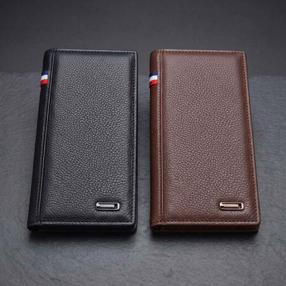 Men's Imported Long Textured Leather Wallet Clutch with Tricolor Accent - Black
