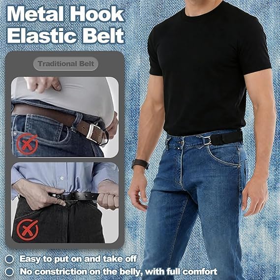 Pair Of Adjustable Buckleless Elastic Waist Belt with Metal Hooks - Unisex Design