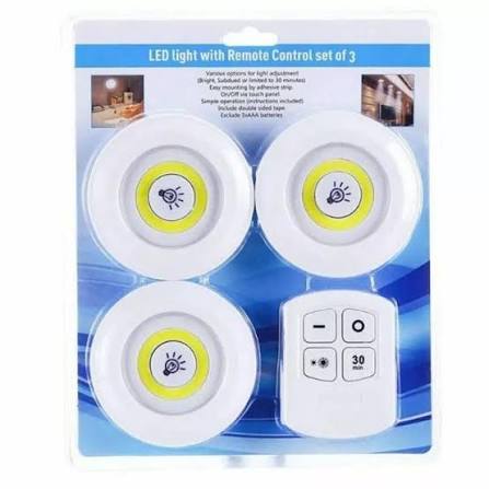 Pack Of 3 LED Remote Control Lights | Tap Light For Cabinet Wardrobe Room Kitchen & Office Use | Self-adhesive Lights With Remote (Cell Operated)