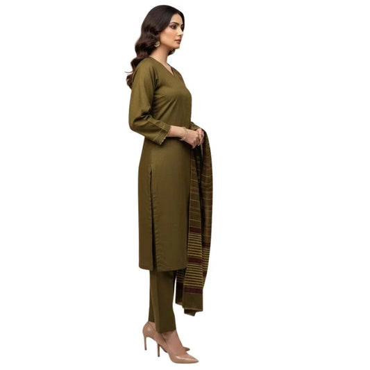 Winter Sussi Silk 3-Piece Suit for Women | Unstitched Plain Shirt & Trouser | Heavy Winter Sussi Shawl | Olive Green